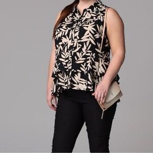 Simply Vera Vera Wang Black & Cream Leaf Print Sleeveless Flounce Blouse Sz Larg